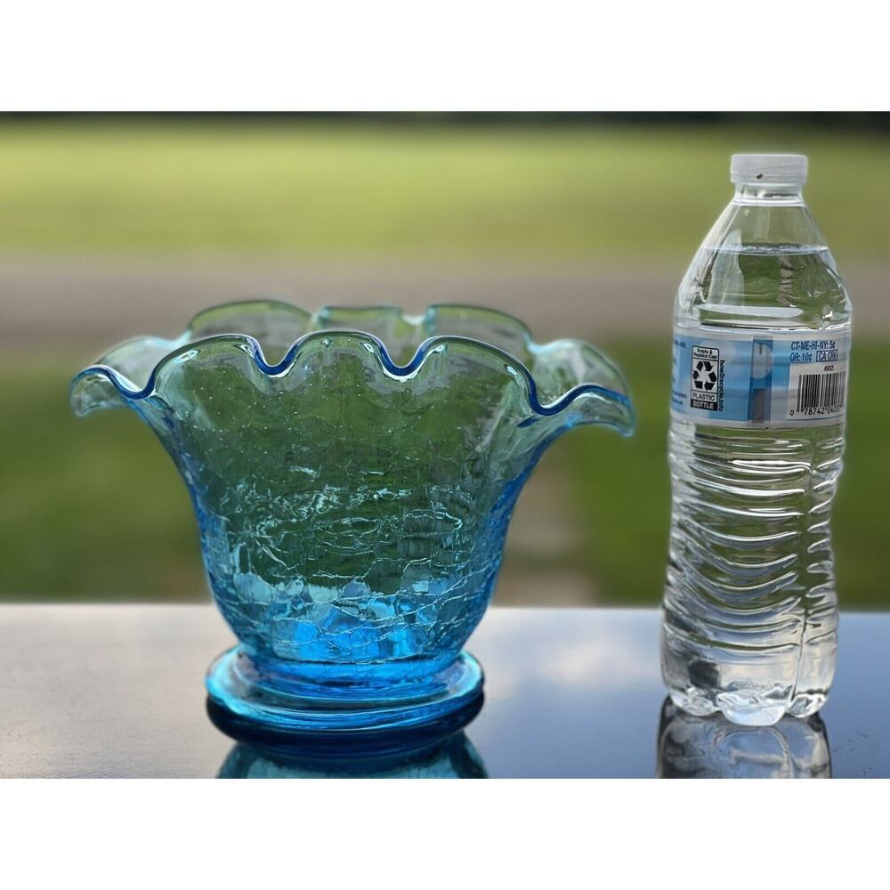 Vintage‎ Bischoff Crackle Ruffled Blown Glass Bowl Vase Blue MCM 5.5" X 8.5"